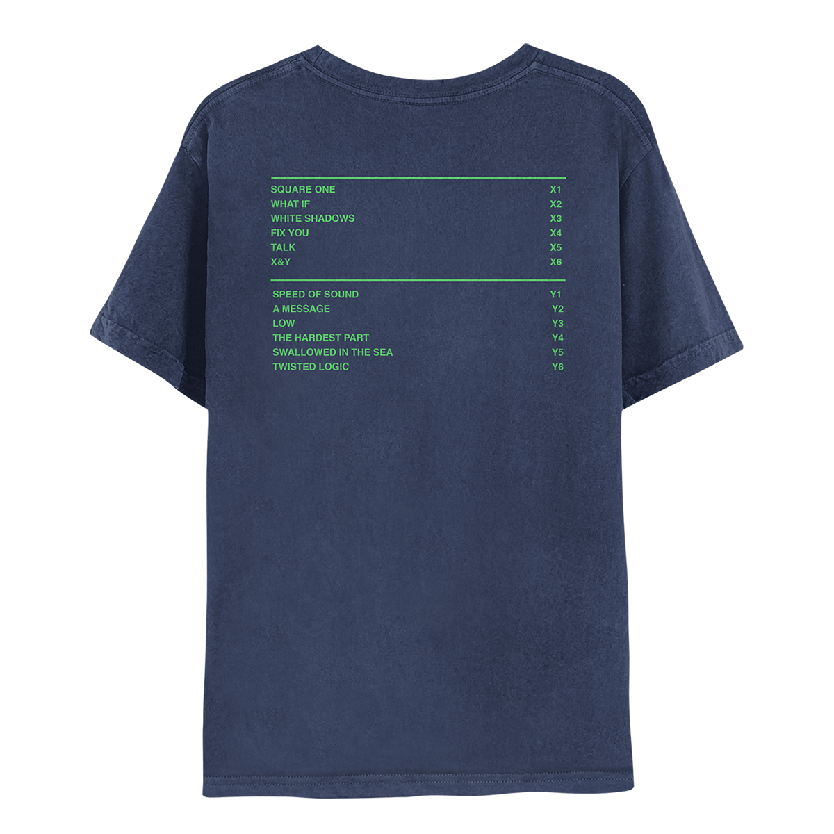 Back: track list is printed in neon green: SQUARE ONE, WHAT IF, WHITE SHADOWS, FIX YOU, TALK and X&Y are marked as X1 through X6; SPEED OF SOUND, a MESSAGE, low, THE HARDEST PART, SWALLOWED IN THE SEA and TWISTED LOGIC are marked Y1 through Y6. The 2 columns are divided by a neon green line