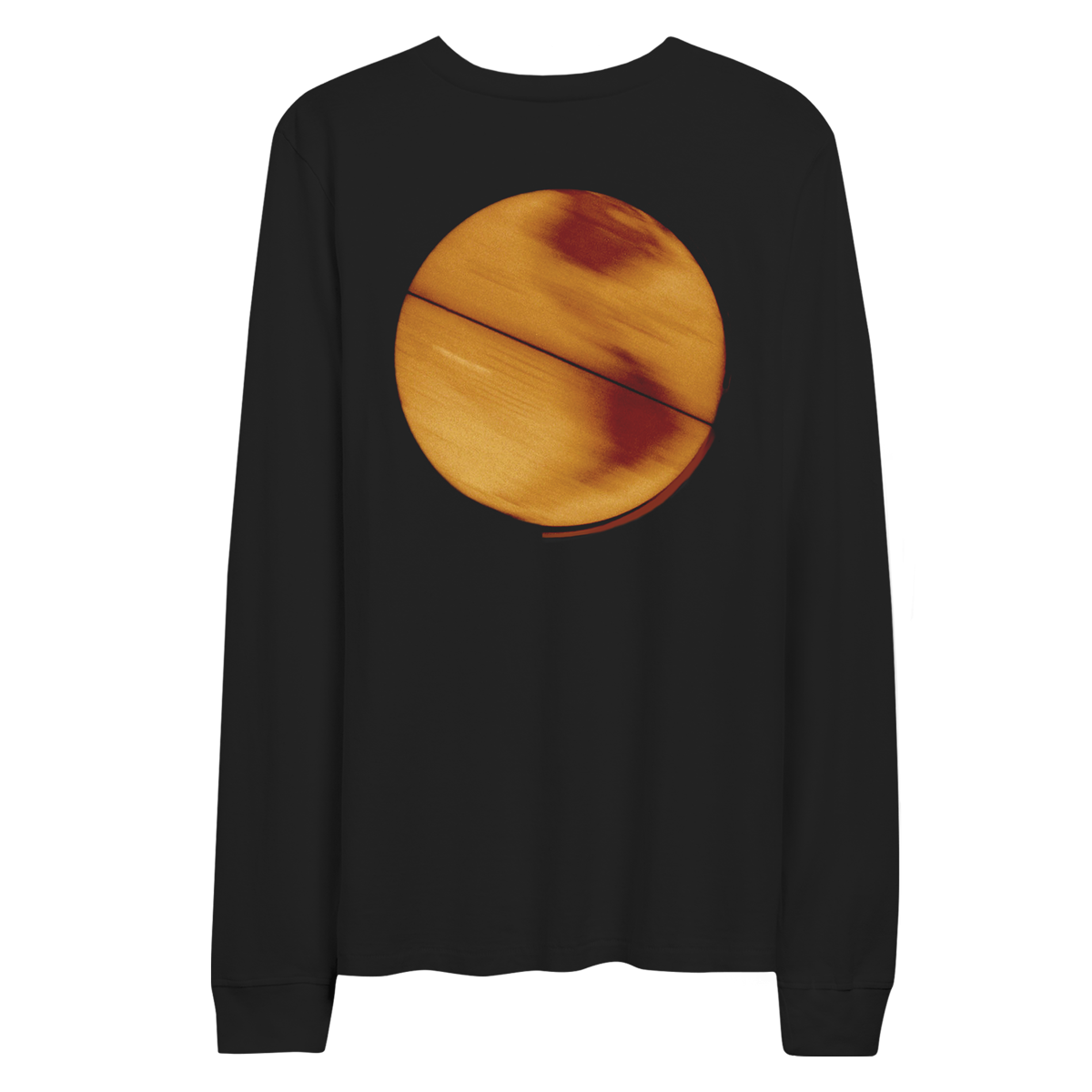 Back: a yellow globe like the earth, illuminated from within. The center is bright, flowing from gold and amber tones to darker shades towards the edge. It has reddish patches as continents, and horizontal lines running across as though the globe is spinning. Its background is composed of black and dark brown hues